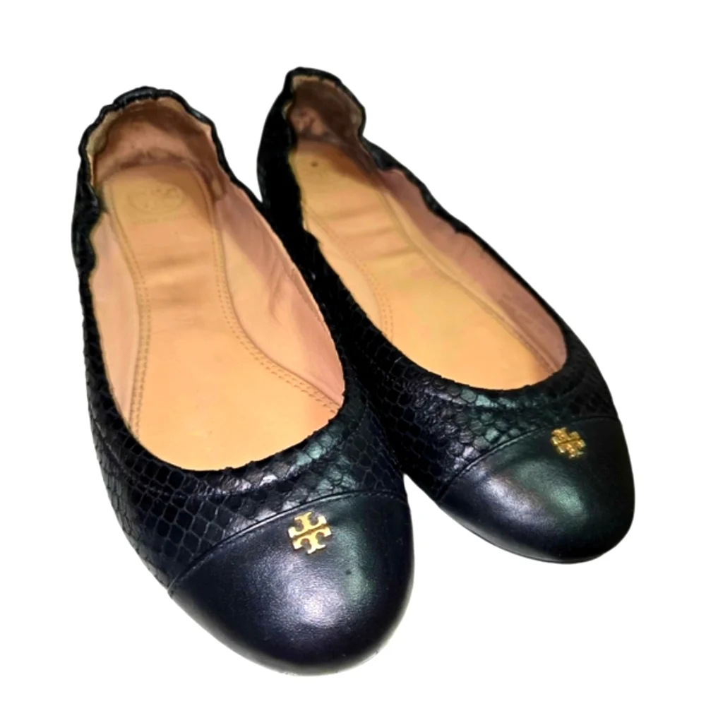 Tory Burch Black Leather Ballet Flats Size 7 Snake Embossed - Picture 3 of 8